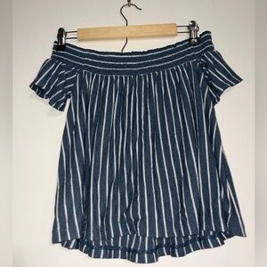 American Eagle Outfitters Blue and White Off-Shoulder Blouse